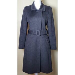 Hugo Boss Womens 2 Virgin Wool Charcoal Gray Belted Trench Coat Academia Preppy
